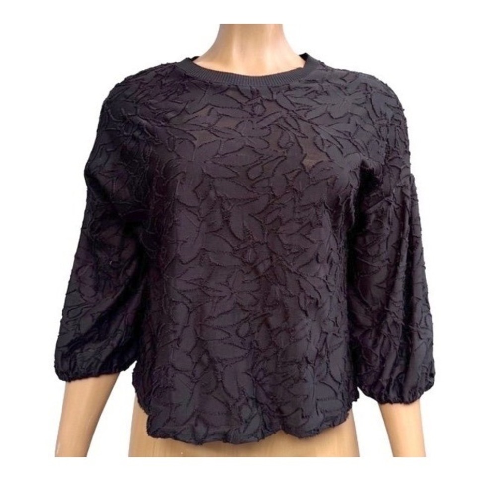 RW&CO Puff Sleeve Top Womens Medium Black Textured Floral Print Semiโ Sheer